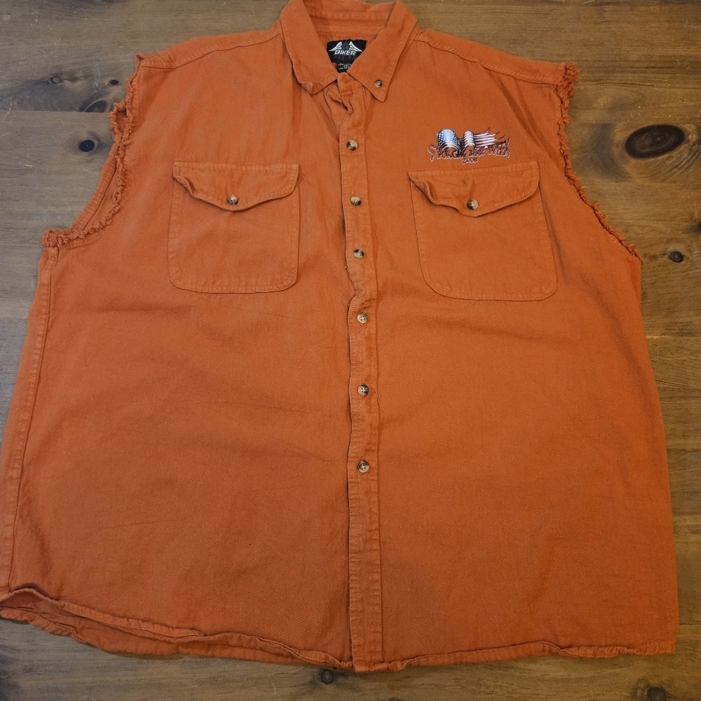 Biker Design USA Sturgis Button Up Shirt Men 4XL Orange Motorcycle Fray Cut Off